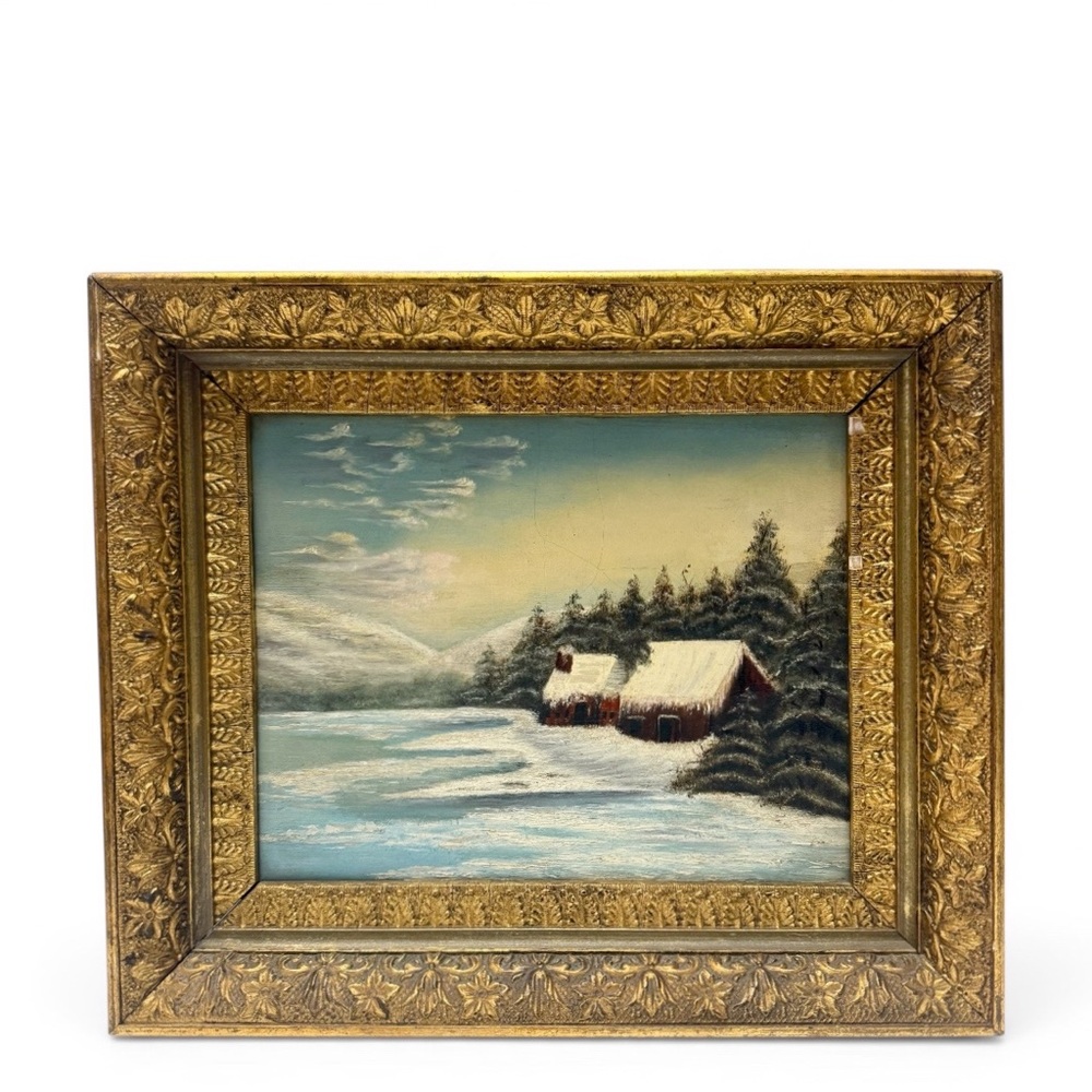 Vintage Original Winter Scene Landscape Red Cabin Painting Framed 8x10 in.